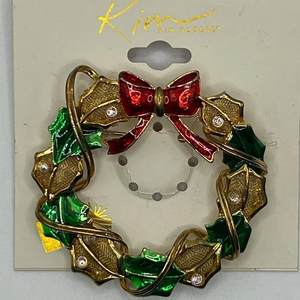 Kim Rogers Christmas Wreath Green, Red, Gold, Brooch / Pin